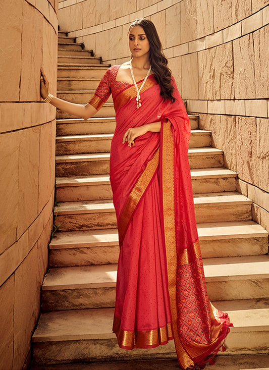 Peach Woven Embroidered Bandhej Saree - Indian Paridhan 