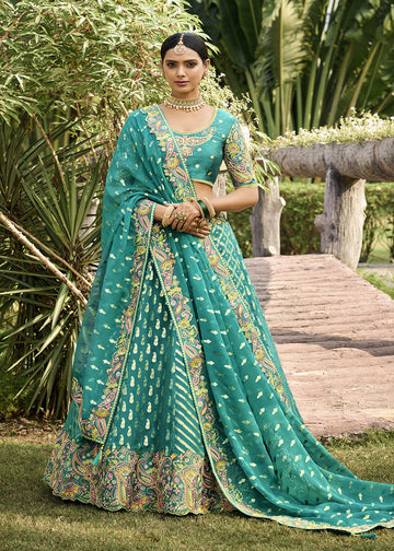 Rama Green Woven Embroidered Indian Lehenga