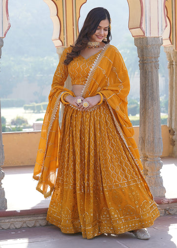 Yellow Embroidered Lehenga In Georgette