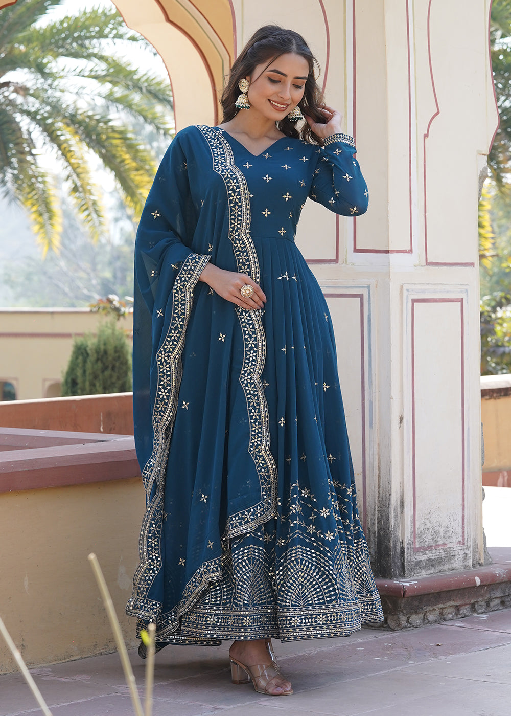 Blue Embroidered Georgette Anarkali Style Suit