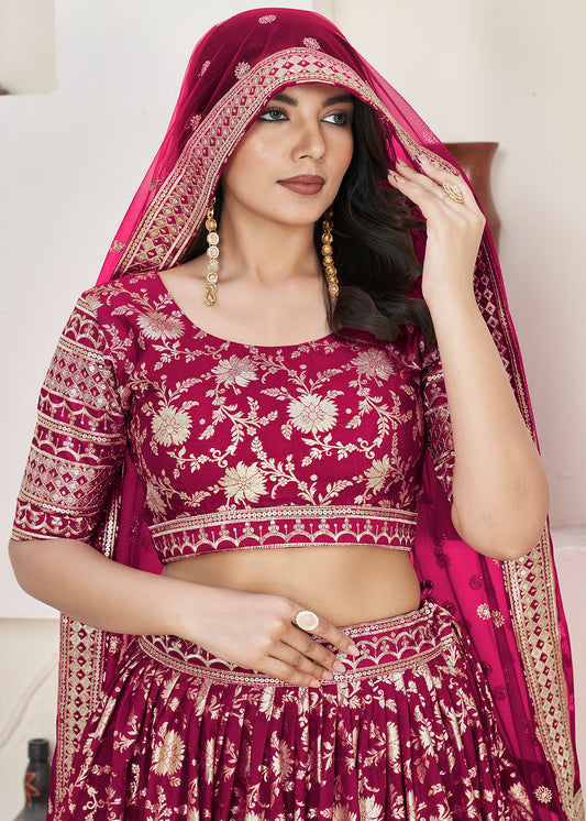 Maroon Woven Work Embroidered Lehenga Choli - Indian Paridhan 