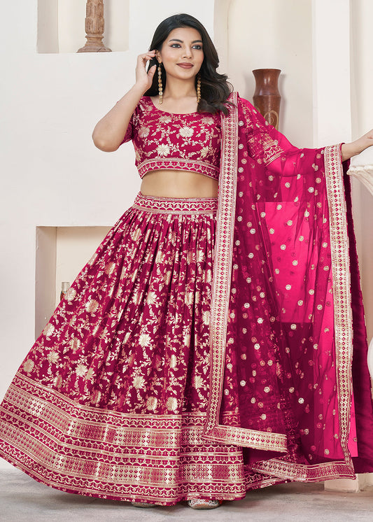Maroon Woven Work Embroidered Lehenga Choli - Indian Paridhan 