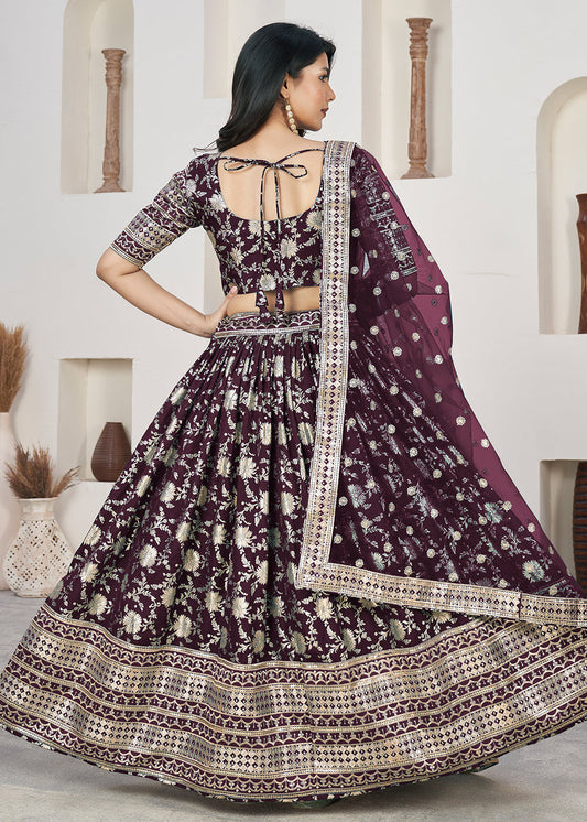 Wine Woven Work Embroidered Lehenga Choli - Indian Paridhan 