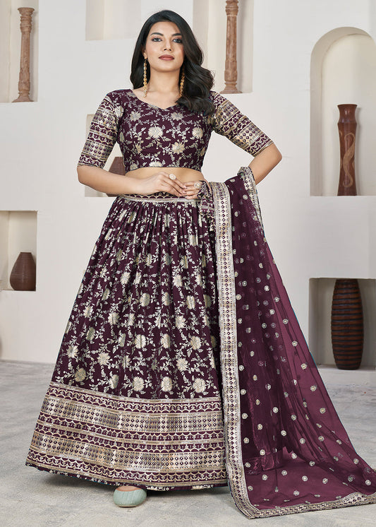 Wine Woven Work Embroidered Lehenga Choli - Indian Paridhan 