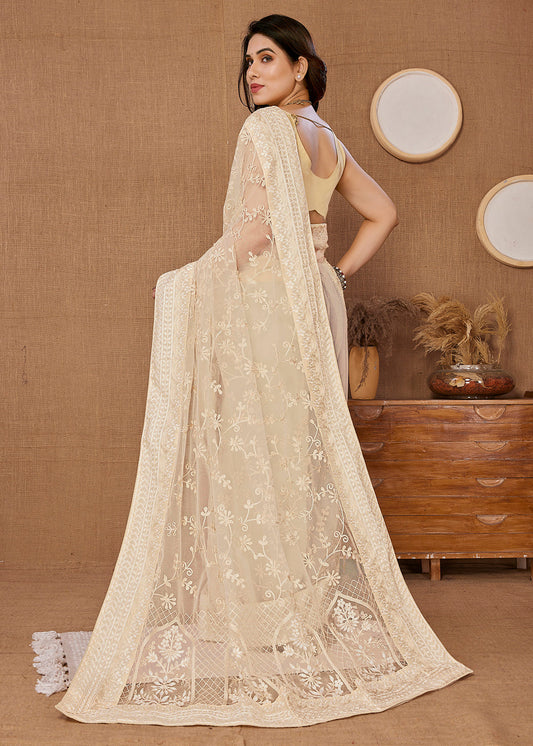 Beige Embroidered Party Wear Saree In Net