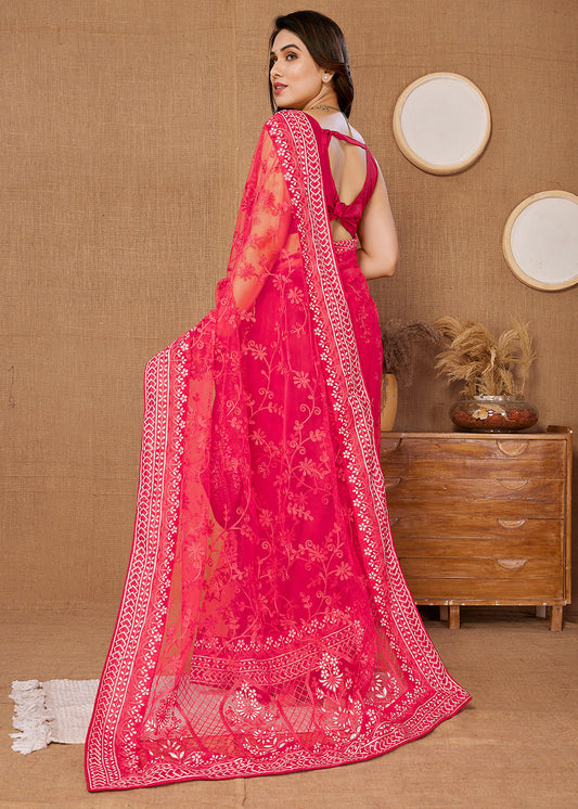 Pink Embroidered Indian Party Saree In Net