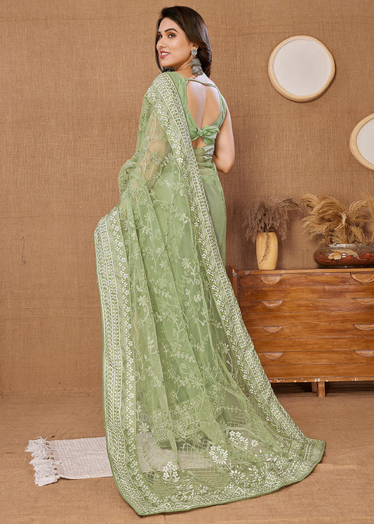 Green Embroidered Party Wear Saree In Net