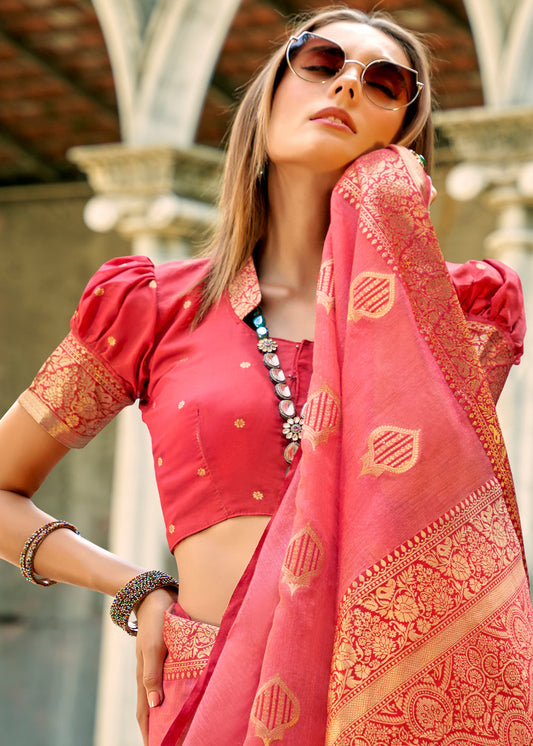 Pink Tissue Silk Casual Saree In Woven