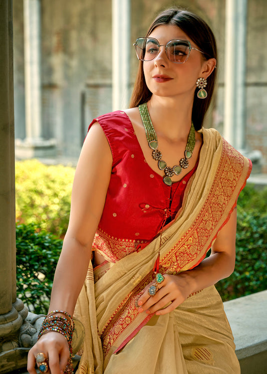 Beige Woven Tissue Silk Indian Saree Online