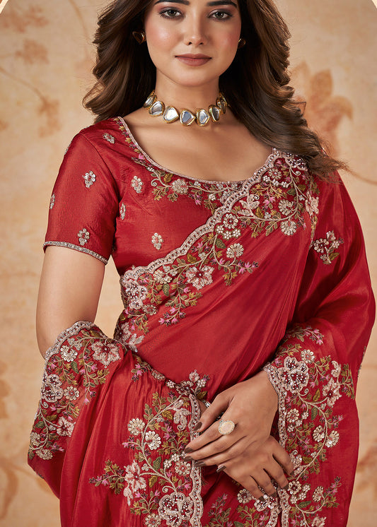 Red Heavy Embroidered Bridal Saree In Silk