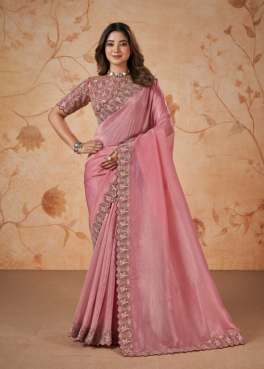 Indian Wedding Dresses - Pink Satin Embroidered Party Wear Saree