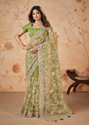 Green Heavy Embroidered Indian Wedding Saree In Net