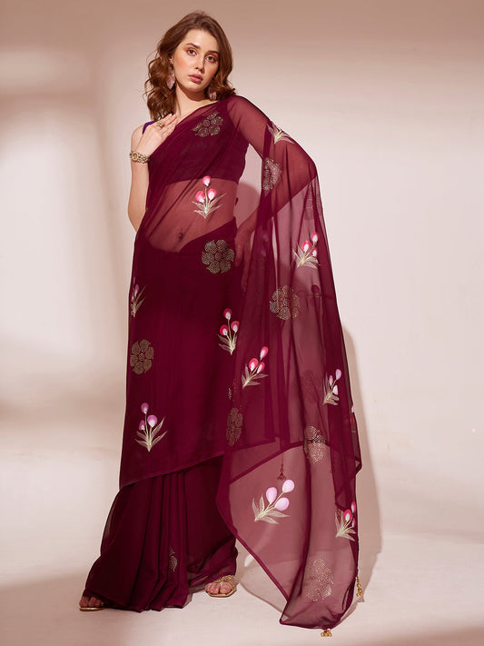 Maroon Brush Handpainted Organza Saree - Indian Paridhan 