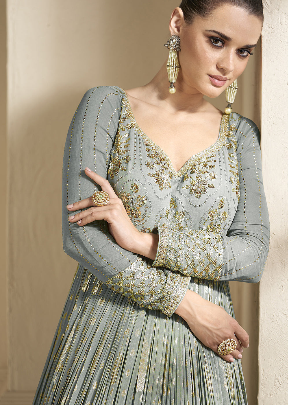 Grey Embroidered Indian Anarkali Salwar Suit - Indian Paridhan 