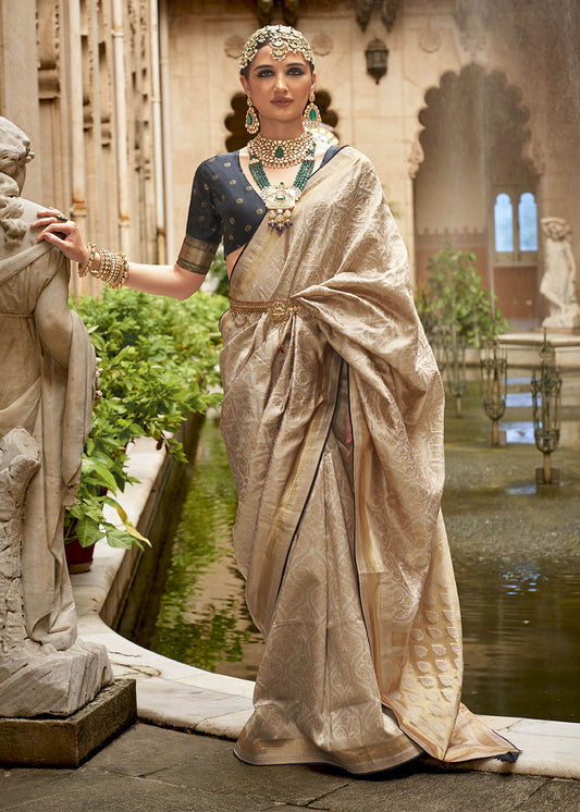 Cream Woven Jacquard Silk Saree - Indian Paridhan 