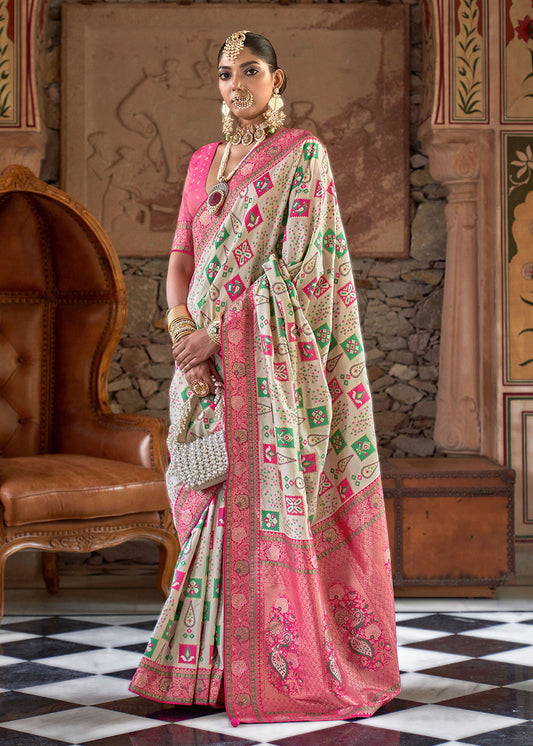Off White Zari Woven Silk Saree With Blouse - Indian Paridhan 