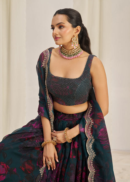 Organza Teal Blue Floral Printed Lehenga Choli - Indian Paridhan 