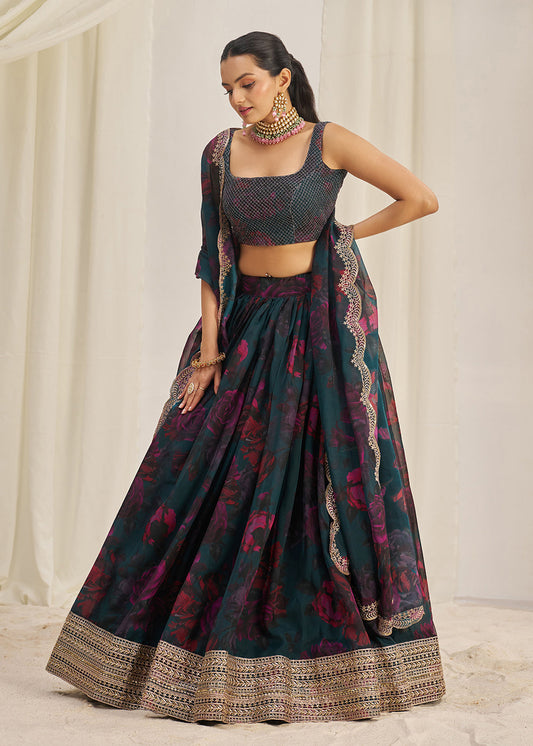 Organza Teal Blue Floral Printed Lehenga Choli - Indian Paridhan 