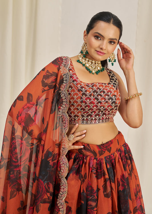 Orange Printed Lehenga Choli In Organza - Indian Paridhan 