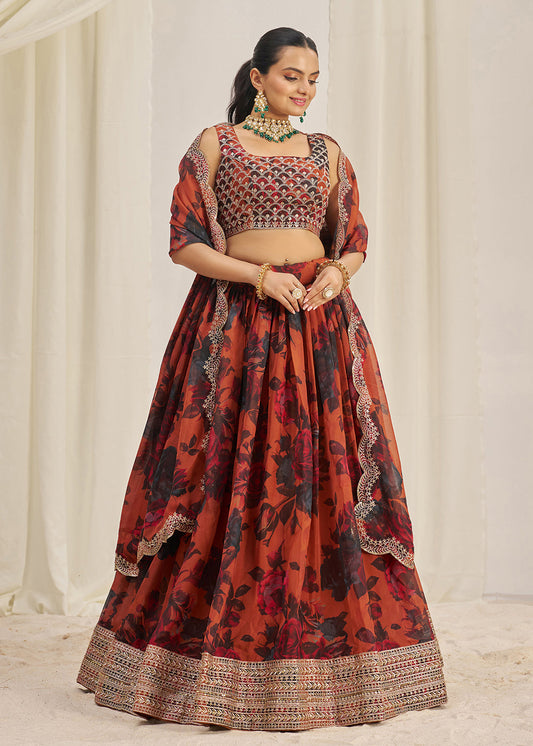 Orange Printed Lehenga Choli In Organza - Indian Paridhan 