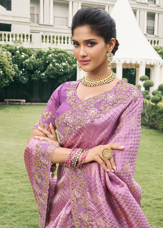 Lilac Zari Embroidered Silk Saree With Blouse