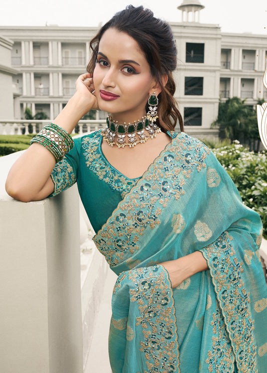 Turquoise Zari Embroidered Saree In Tissue Silk