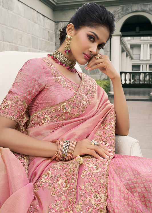 Pink Zari Embroidered Silk Saree With Blouse