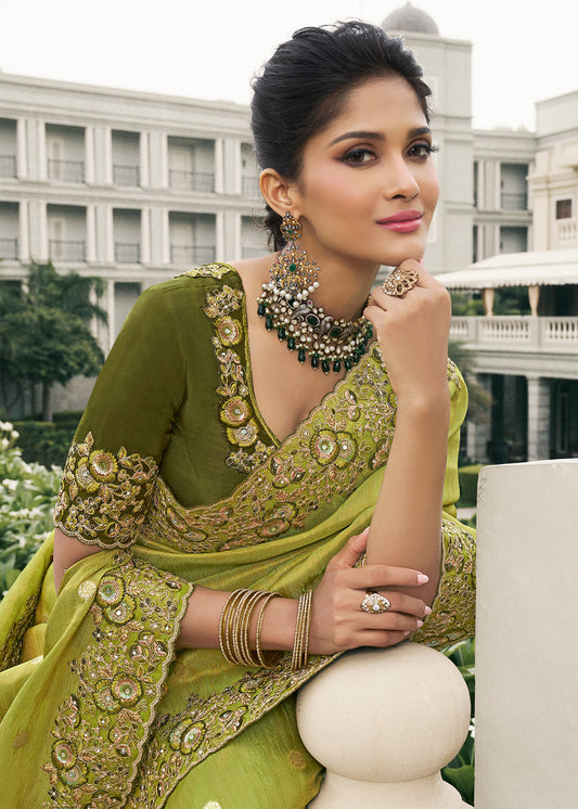 Green Zari Embroidered Silk Saree With Blouse