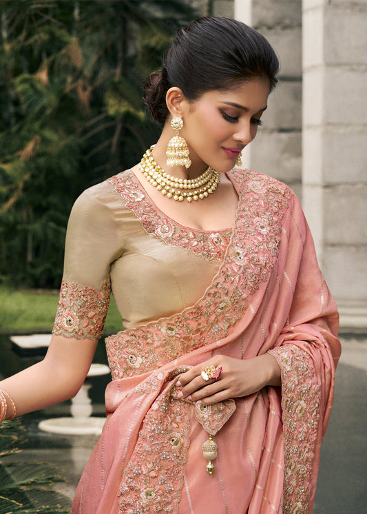 Peach Zari Embroidered Tissue Silk Saree