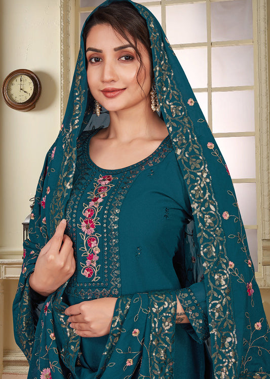 Teal Blue Embroidered Readymade Salwar Kameez