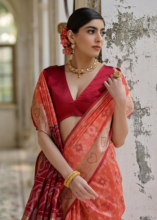 Orange Woven Embroidered Raw Silk Saree