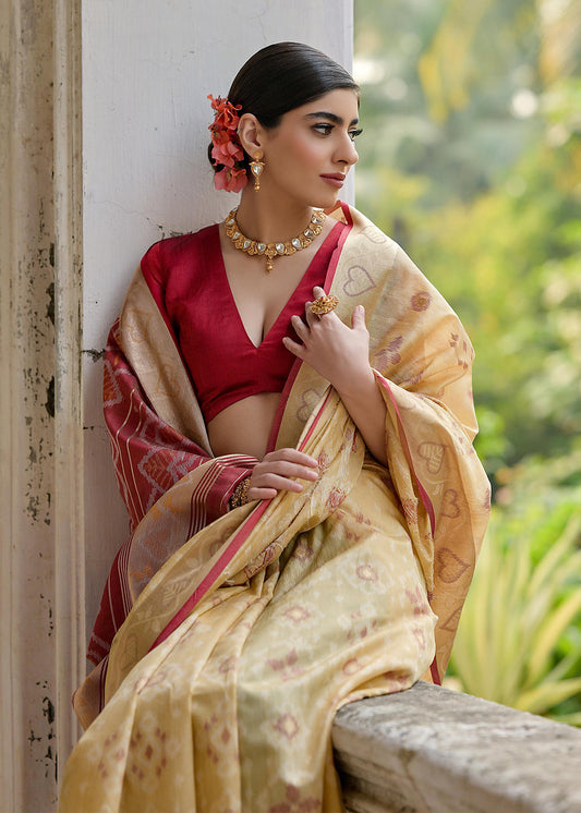 Cream Woven Embroidered Raw Silk Saree