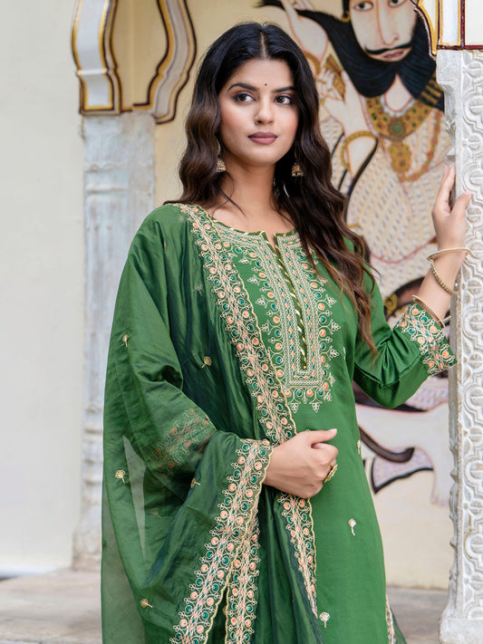 Green Embroidered Readymade Salwar Suit In Silk