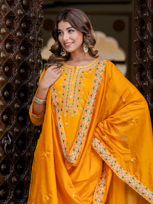 Yellow Silk Embroidered Readymade Salwar Kameez