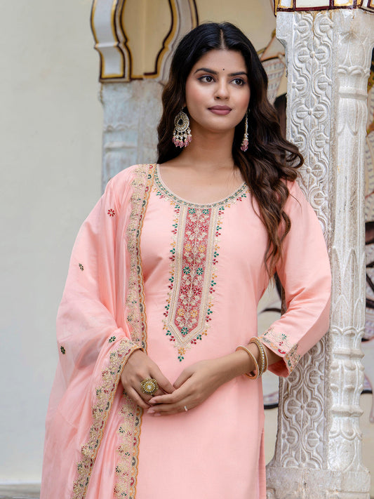 Peach Silk Embroidered Readymade Salwar Kameez