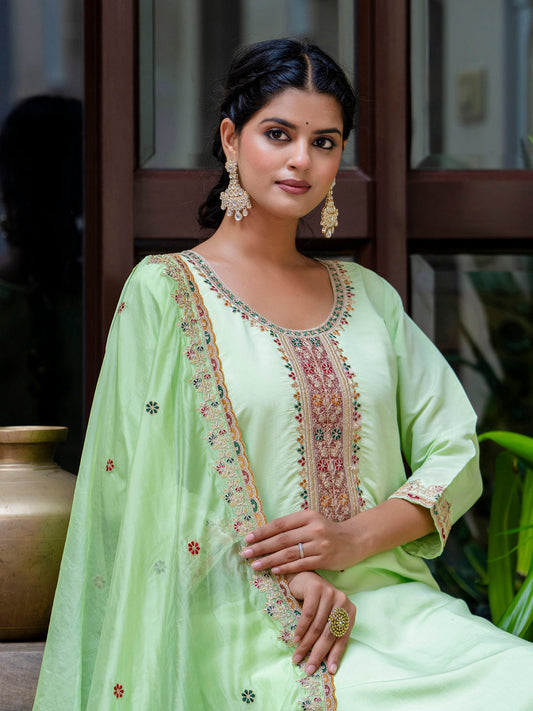 Light Green Embroidered Readymade Salwar Suit In Silk