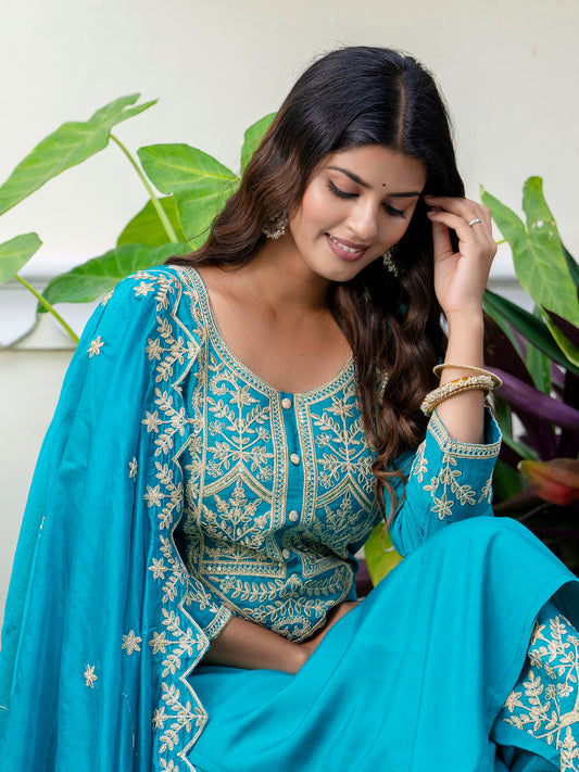 Blue Silk Embroidered Readymade Salwar Kameez