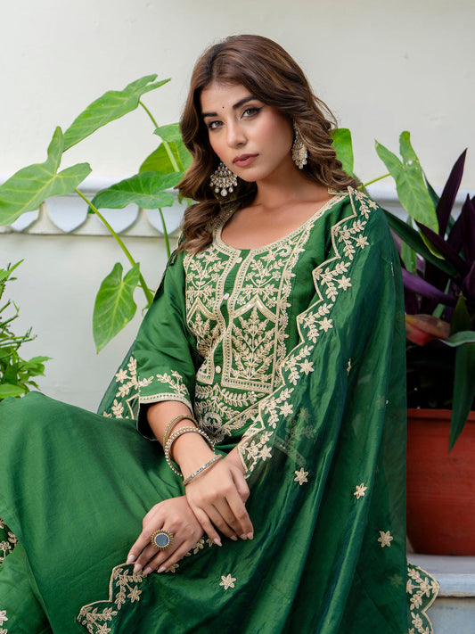 Dark Green Embroidered Readymade Salwar Suit