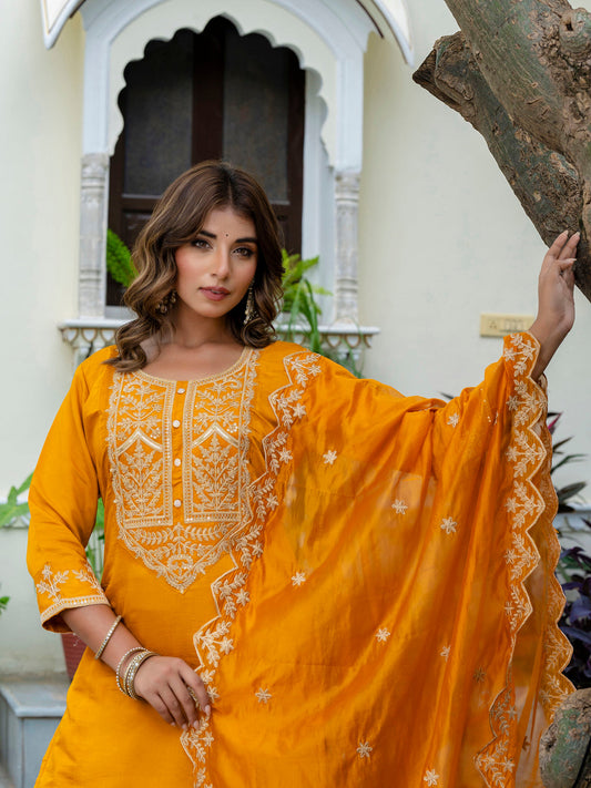 Kesari Yellow Silk Embroidered Readymade Salwar Suit