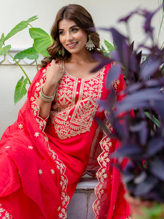 Rani Pink Embroidered Readymade Salwar Suit In Silk