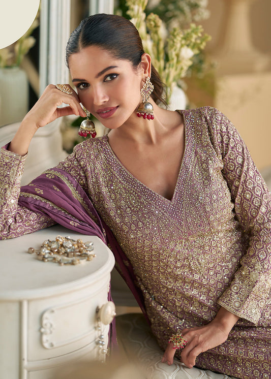 Purple Heavy Embroidered Georgette Sharara Suit