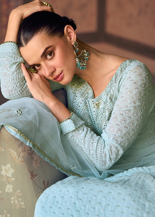 Sky Blue Thread Embroidered Anarkali Salwar Suit