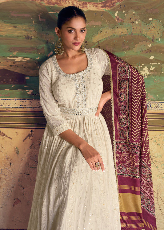 White Thread Embroidered Anarkali Salwar Suit