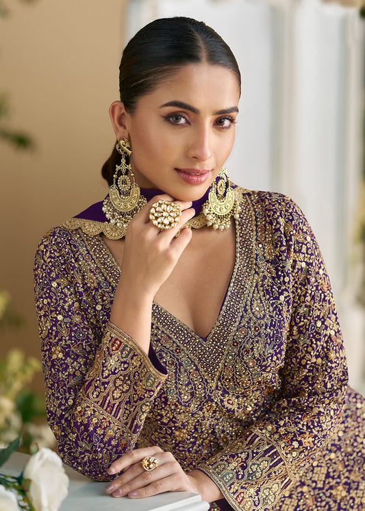 Purple Embroidered Georgette Sharara Salwar Suit