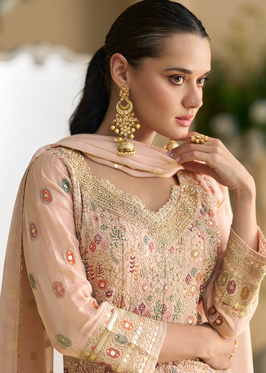 Peach Embroidered Georgette Sharara Salwar Suit