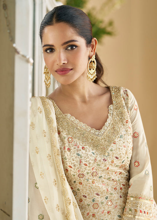 White Embroidered Georgette Sharara Salwar Suit