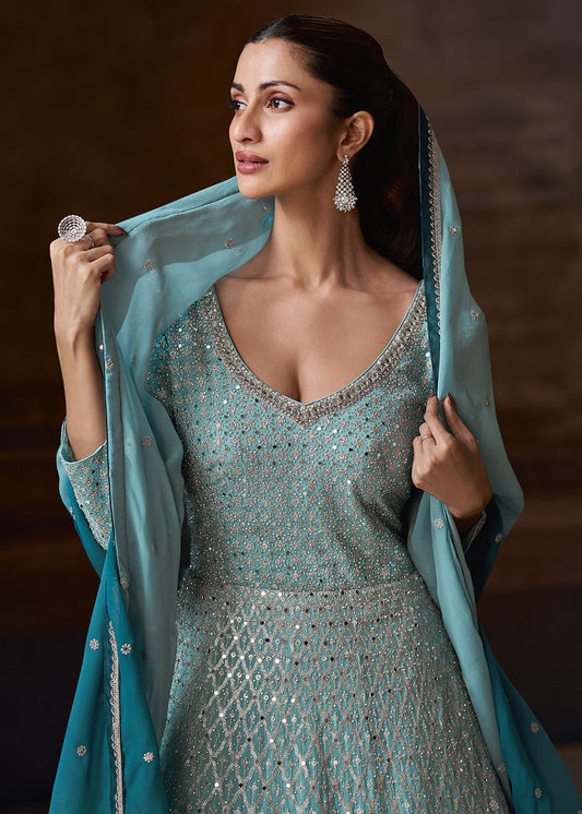 Sky Blue Thread Embroidered Anarkali Salwar Suit