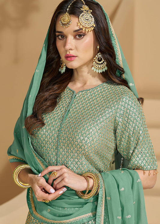 Green Embroidered Georgette Sharara Salwar Suit