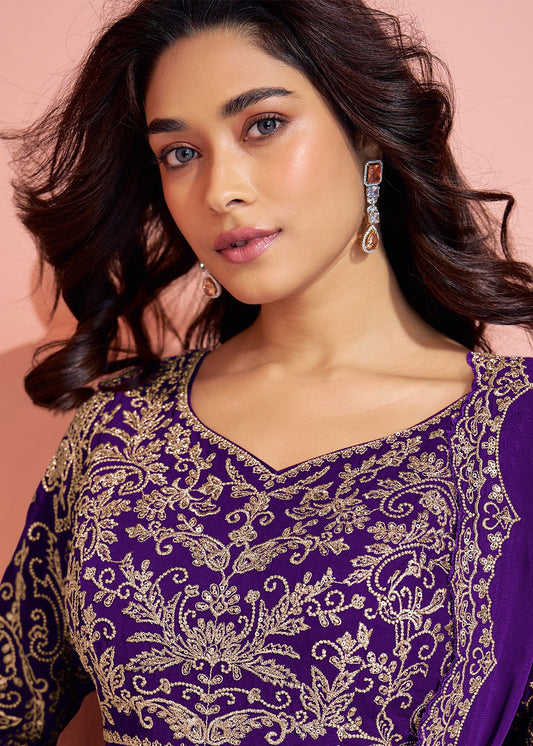 Purple Zari Embroidered Georgette Sharara Suit