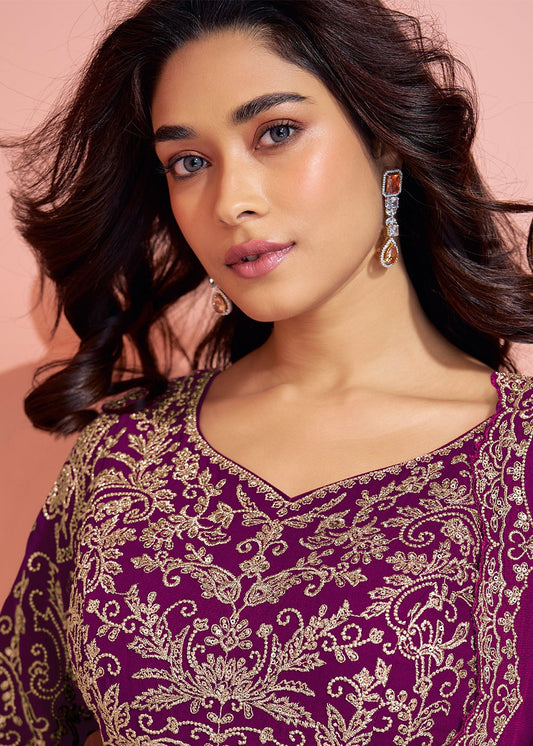 Magenta Zari Embroidered Georgette Sharara Suit